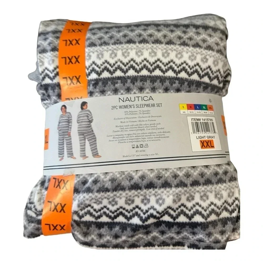 Nautica Pajama‎ PJ Set Women's size XXL 2 Piece Fleece Sleepwear V-Neck Top Gray